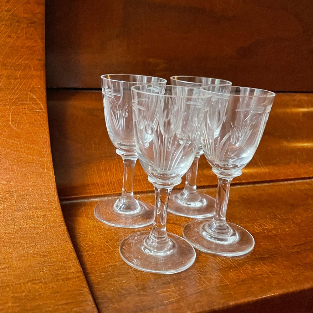 Vintage Etched Crystal Sherry Glasses